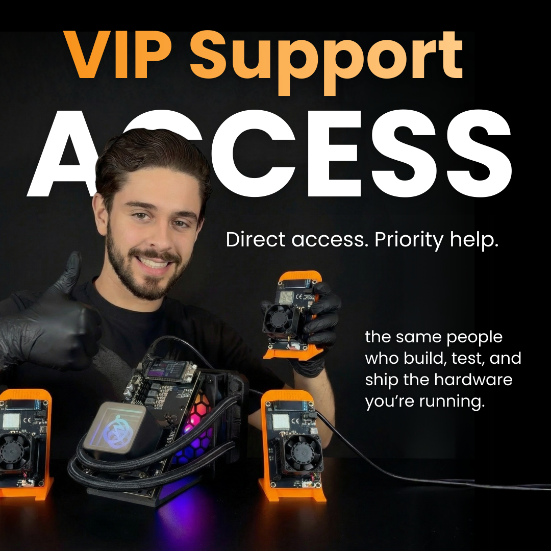 Person holding electronic components with text about VIP support access on a dark background
