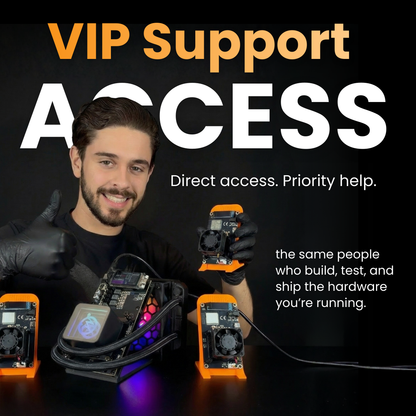 Person holding electronic components with text about VIP support access on a dark background