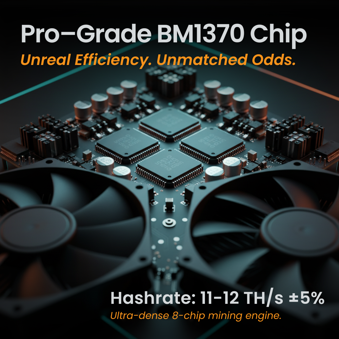 Pro-Grade BM1370 Chip with cooling fans on a dark background