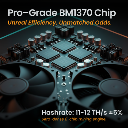 Pro-Grade BM1370 Chip with cooling fans on a dark background