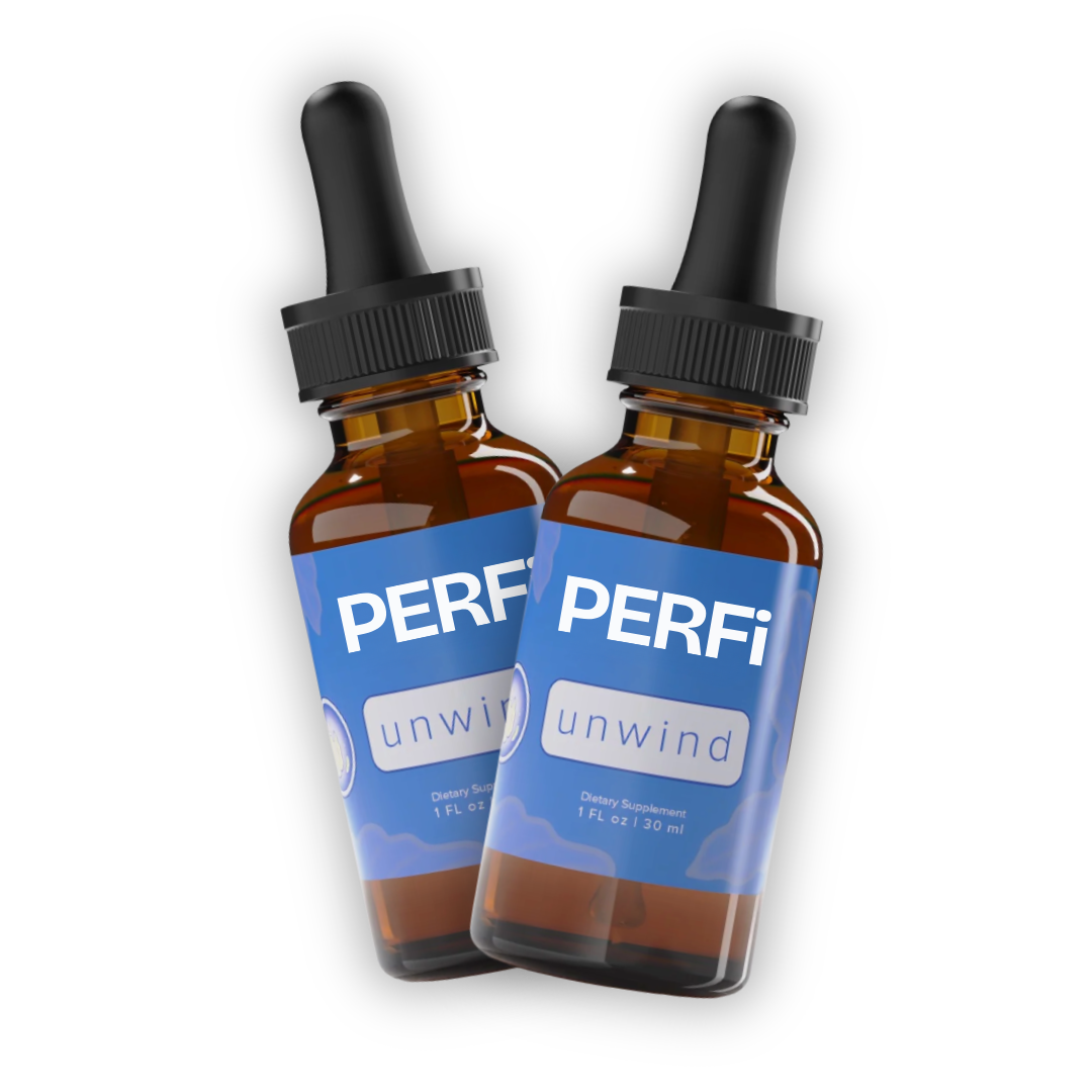 Two bottles of 'PERFi unwind' on a white background